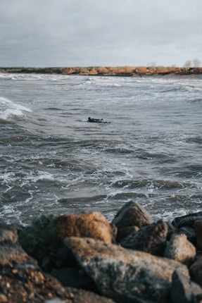 Rocks are situated in the foreground with waves crashing along a body of water. In the distance, the shoreline is visible with what appears to be a surfer laying on a surfboard, and the sky is overcast.