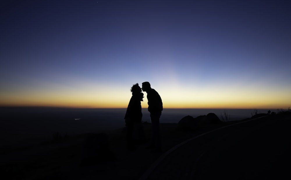 silhouette of two person standing while facing each other and kissing on lips