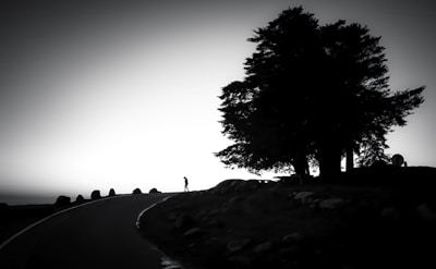 Silhouette of a lone figure walking along a dusty road at dusk.