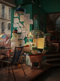 The scene depicts a cozy, whimsical interior with an eclectic mix of playfulness and nostalgia. A vintage spaceship ride for children takes center stage, adorned with stars and moons. Around it, there are colorful chairs and a snowman figure with a scarf and a hat. Drawings and doodles cover the wall, adding a touch of creativity and warmth to the space. Soft lighting from above casts a gentle glow on the setting.