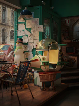 An enchanting illustration of the 'mini pasqui' characters exploring a cozy, warmly lit creative studio filled with art supplies and sketches.