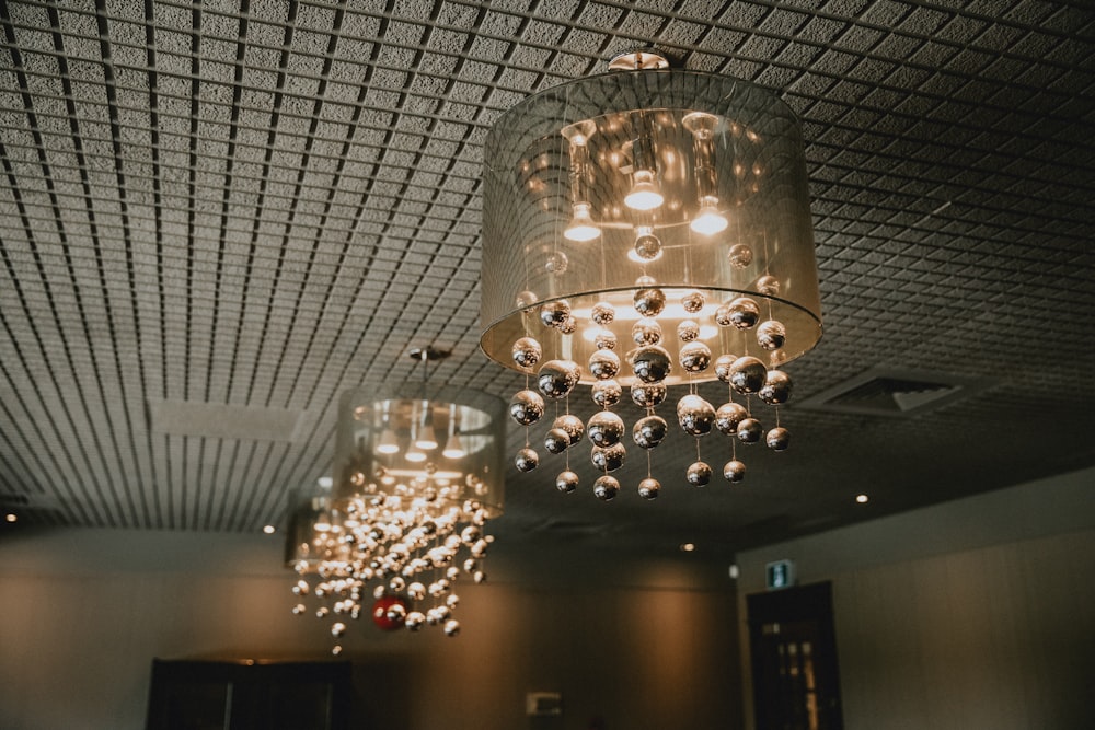 turned-on chandeliers