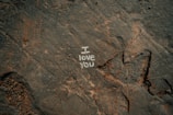 Handwritten text reading 'I love you' is visible on a rough, textured rock surface.