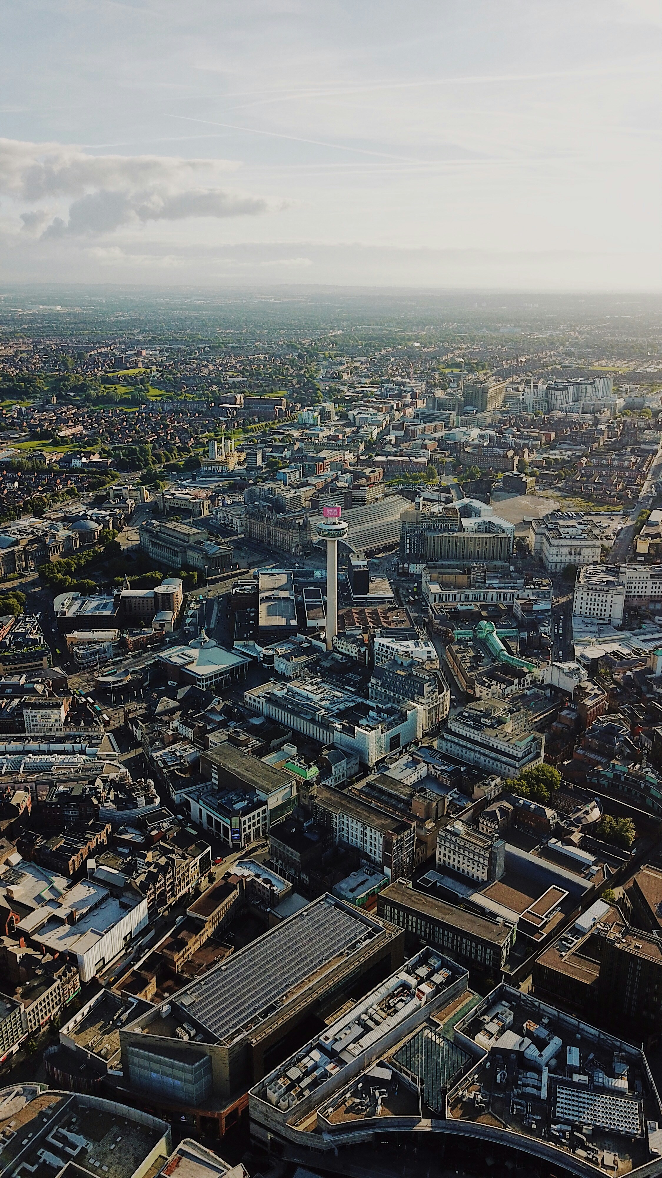 Liverpool drone photo, looking toward Radio City Tower, UK