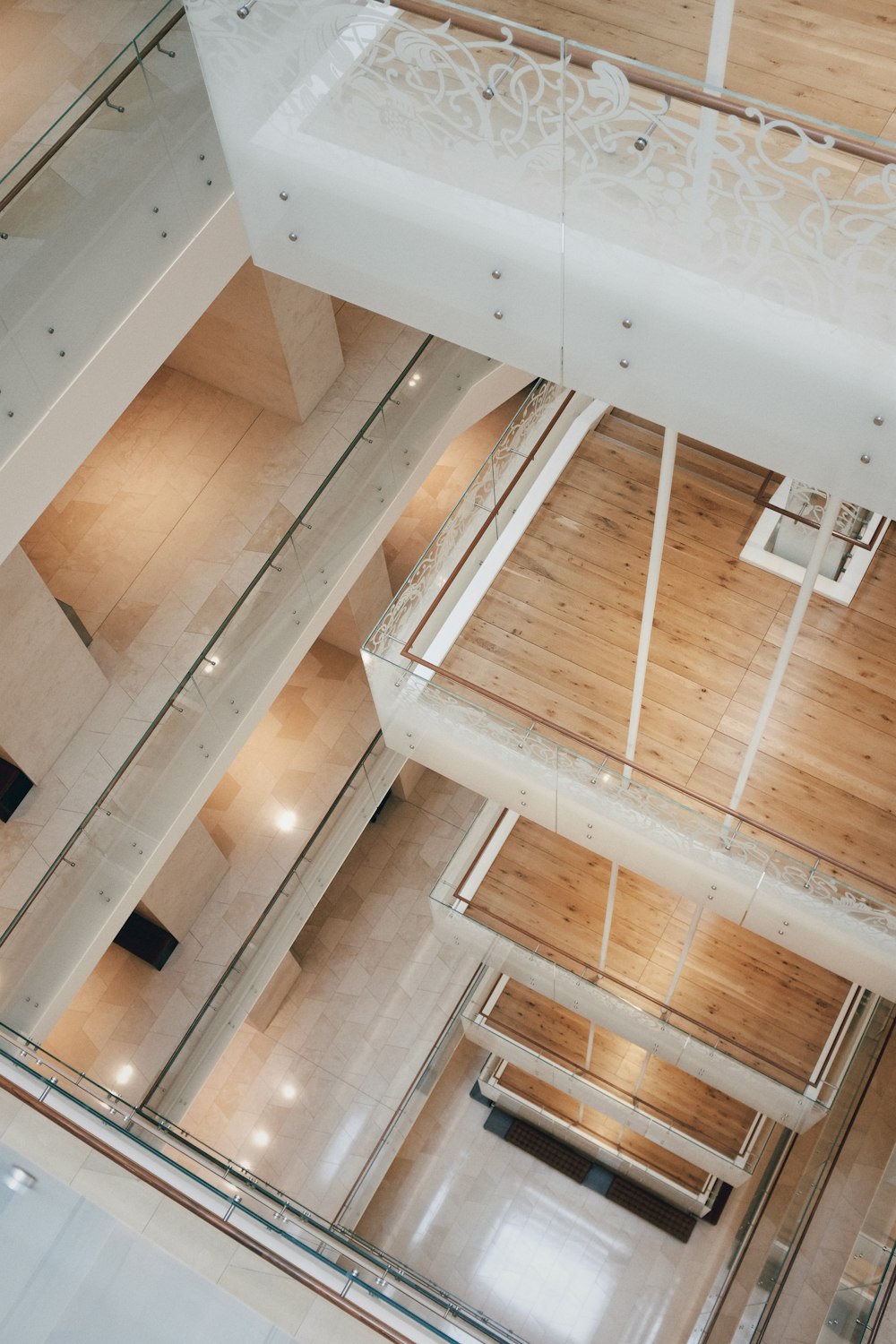 an overhead view of a building with wooden floors