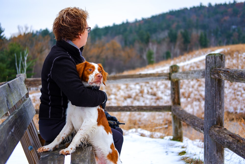 person holding tan and white dog sitting on bench