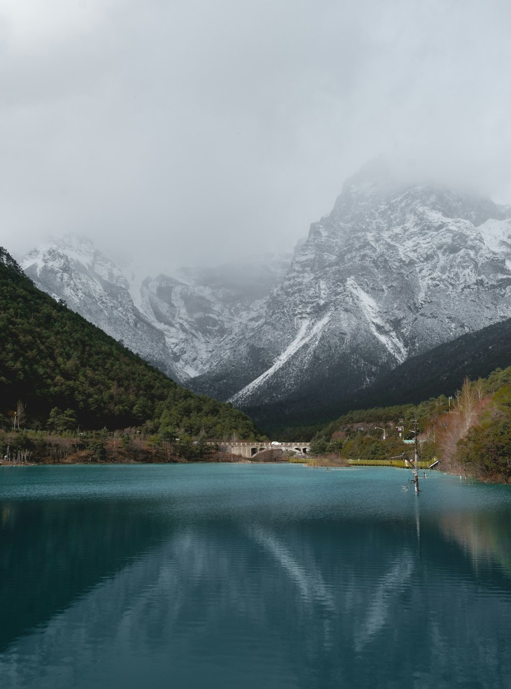 reflection of mountains and trees on body of water