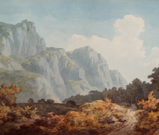 brown and grey trees and rock formation painting