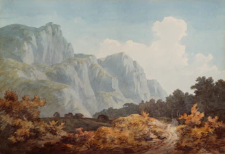 brown and grey trees and rock formation painting