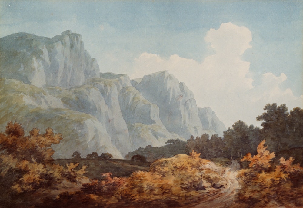 brown and grey trees and rock formation painting