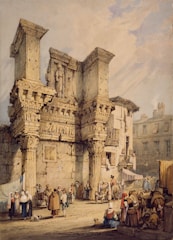 An ancient Roman marketplace bustling with merchants and citizens.