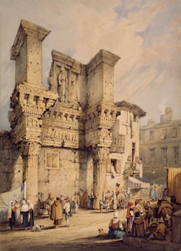 An ancient Roman marketplace bustling with merchants and citizens.