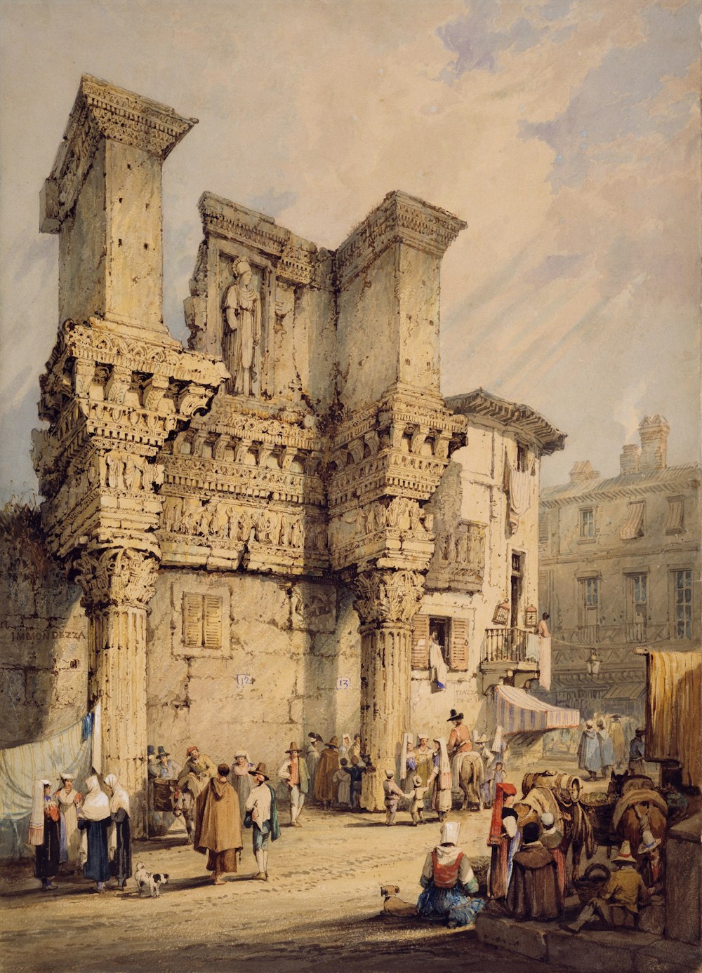 brown painting of people beside buildings