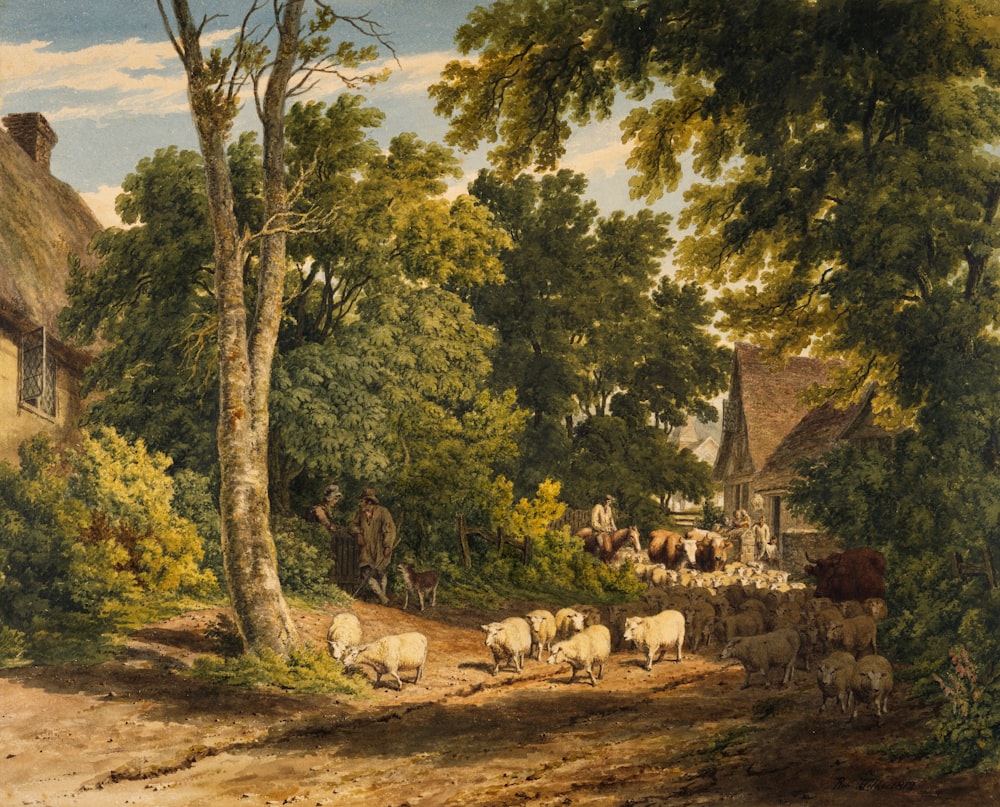 herd of sheep on road painting