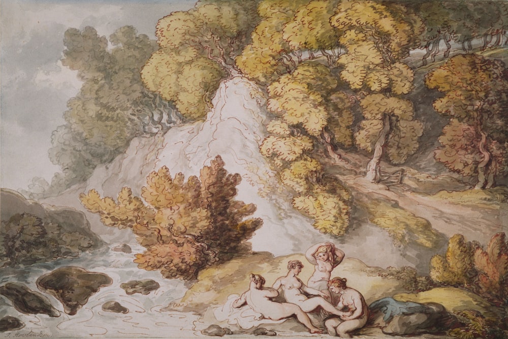 mulheres nuas ao lado da pintura do rio
