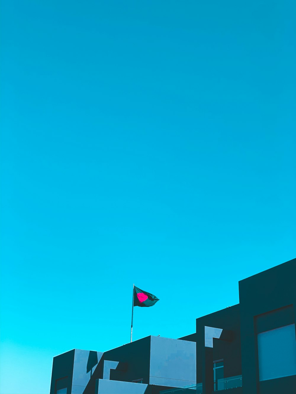 pink and green flag over building