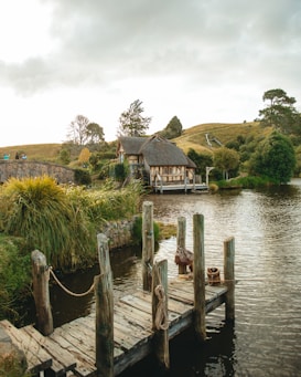 A rustic cottage with a thatched roof sits by a tranquil pond, surrounded by lush greenery and a wooden dock extending into the water. A stone bridge is visible in the distance, along with rolling hills under an overcast sky.