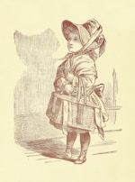 A vintage illustration of a young child dressed in traditional clothing, wearing an oversized bonnet. The child stands in a poised manner, holding a basket, with a slightly upward gaze. The background includes a simple wall and floor, drawn in similar sketch lines.