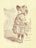 A vintage illustration of a young child dressed in traditional clothing, wearing an oversized bonnet. The child stands in a poised manner, holding a basket, with a slightly upward gaze. The background includes a simple wall and floor, drawn in similar sketch lines.