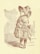 A vintage illustration of a young child dressed in traditional clothing, wearing an oversized bonnet. The child stands in a poised manner, holding a basket, with a slightly upward gaze. The background includes a simple wall and floor, drawn in similar sketch lines.