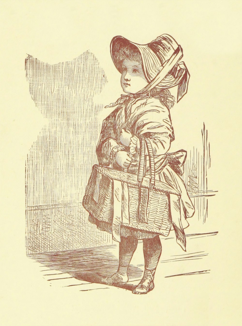 girl wearing hat carrying basket sketch