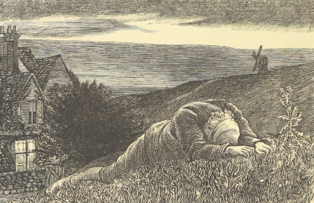 person lying on hill near house painting