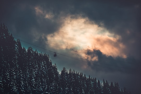 cable car ver trees under heavy clouds in Megève France