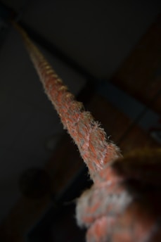 Close-up view of a thick, rugged rope stretching into the background with visible fibers and a slightly frayed texture. The background is dark and out of focus, adding contrast to the rope.