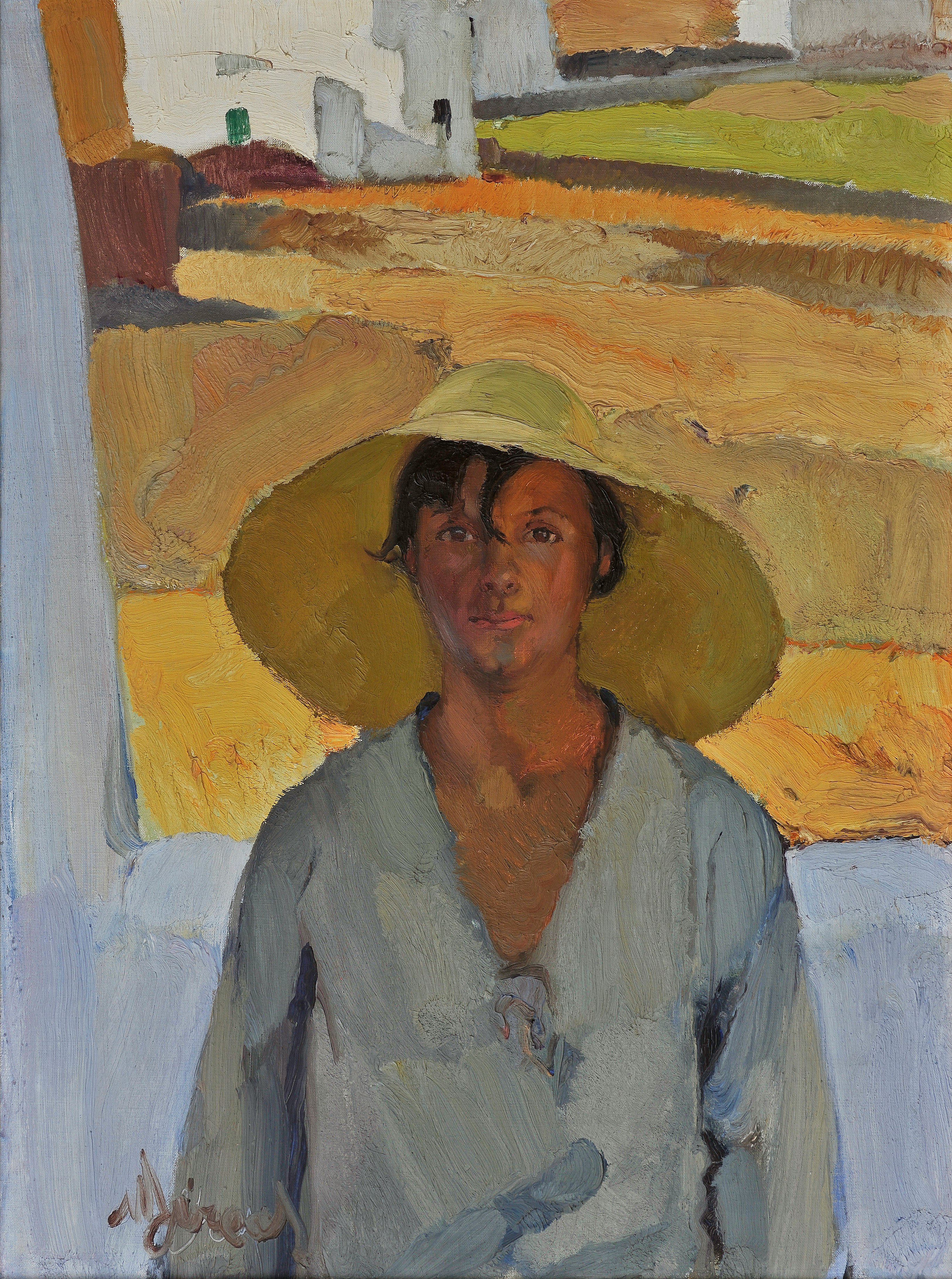 woman in blue button up shirt wearing brown straw hat