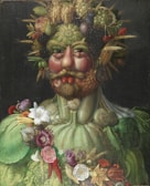 woman in green dress holding pink rose bouquet painting