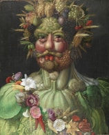 woman in green dress holding pink rose bouquet painting