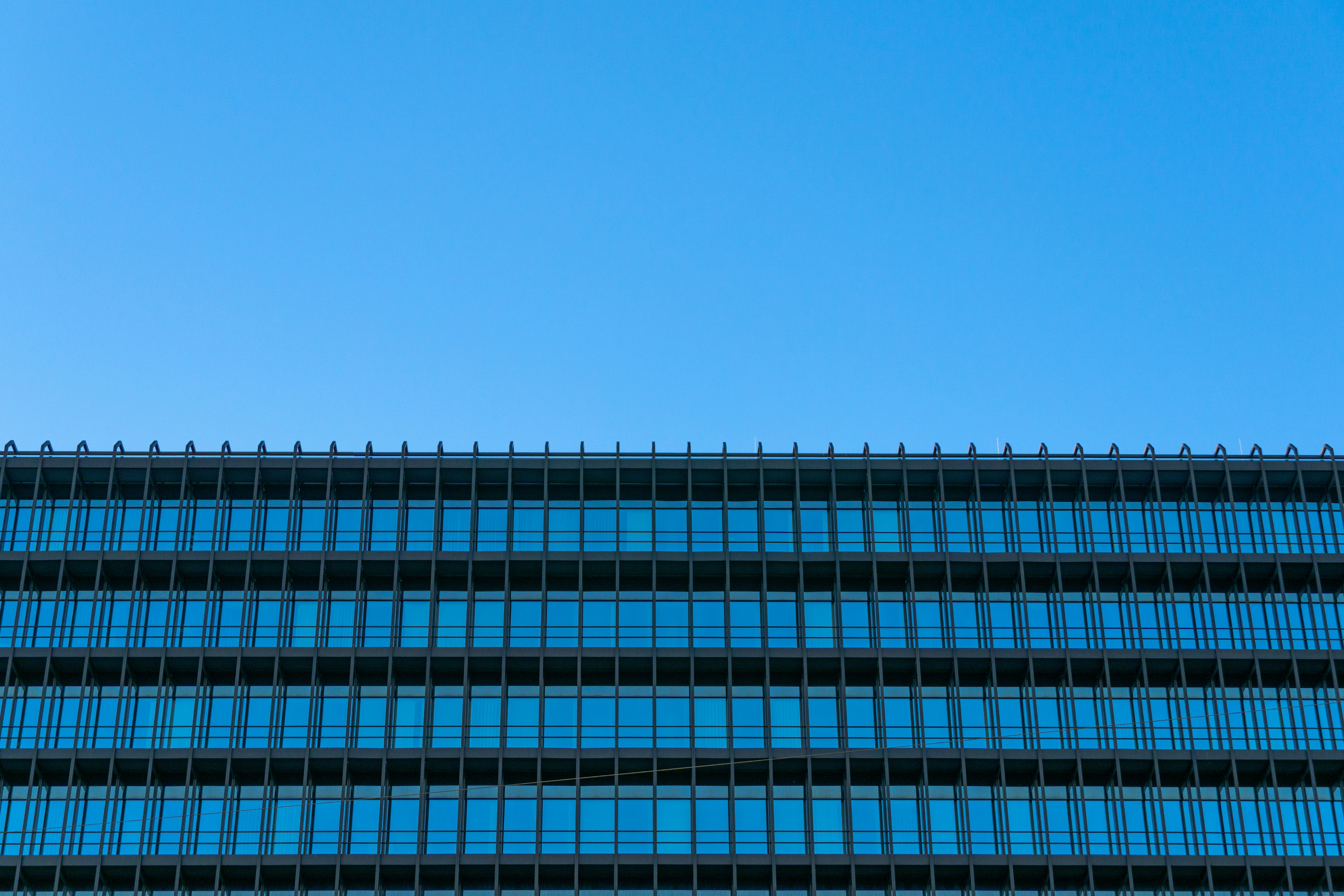 architectural photography of blue and gray glass walled building