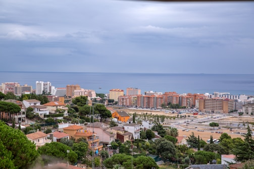 A coastal cityscape featuring a mix of residential homes and high-rise apartment buildings with a backdrop of the calm sea and an overcast sky. The foreground is filled with green trees and various colorful houses.