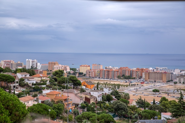 A coastal cityscape featuring a mix of residential homes and high-rise apartment buildings with a backdrop of the calm sea and an overcast sky. The foreground is filled with green trees and various colorful houses.