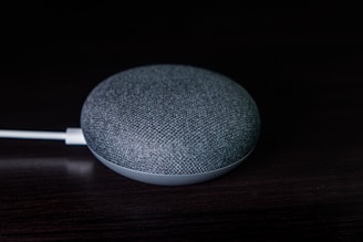 round gray portable speaker