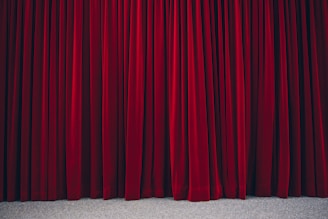 Richly textured red velvet theatre curtains hanging in vertical folds, hinting at a stage beyond. The fabric appears heavy and luxurious, with a subtle sheen.