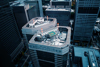 birds-eye view of high-rise building with helipad