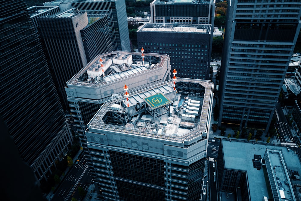birds-eye view of high-rise building with helipad