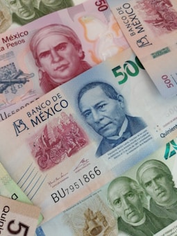 Several Mexican banknotes of various denominations are layered on top of each other. They feature prominent historical figures and intricate designs, including portraits, historical scenes, and national symbols. The notes display vibrant colors and intricate patterns.