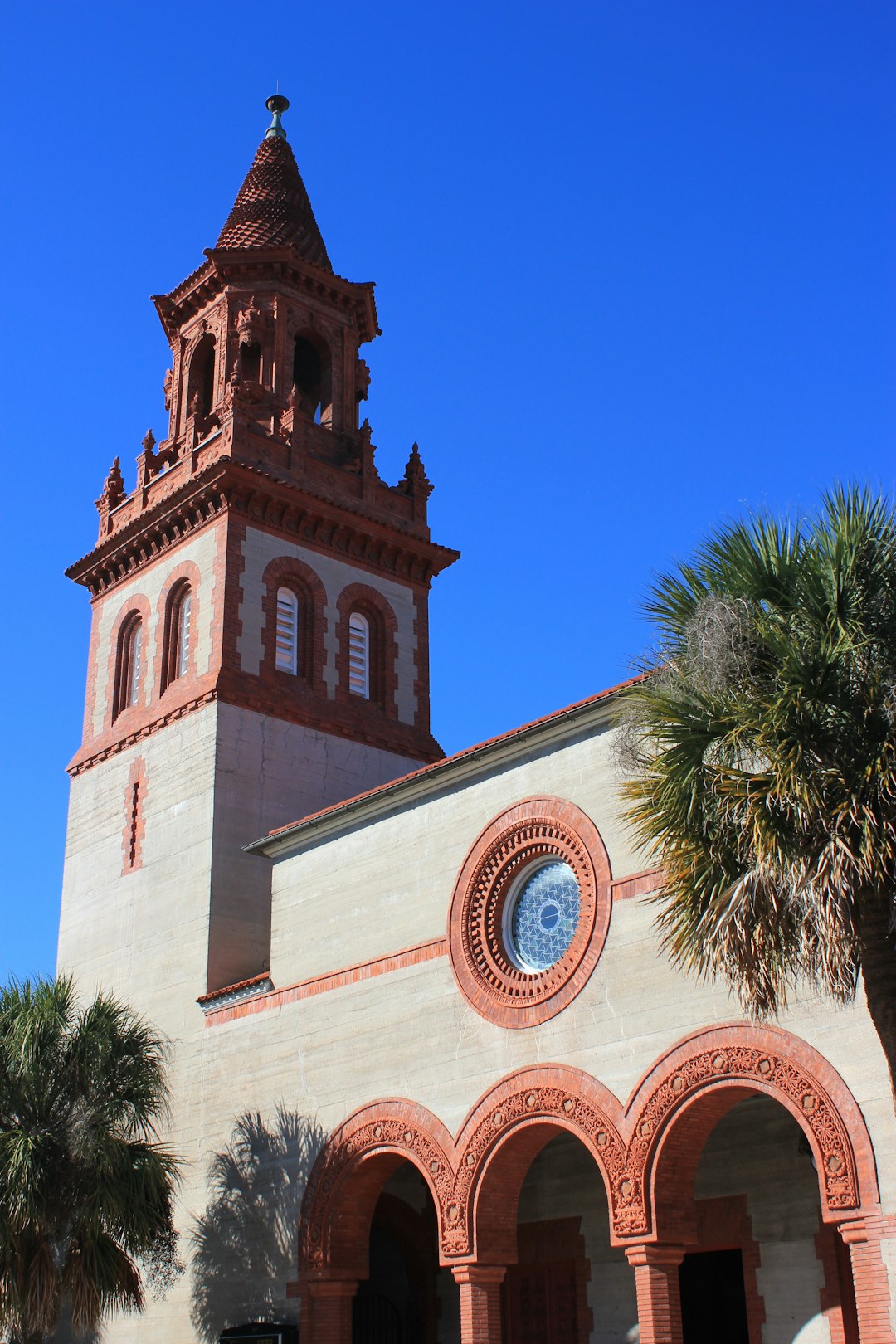 view of brown and white painted church