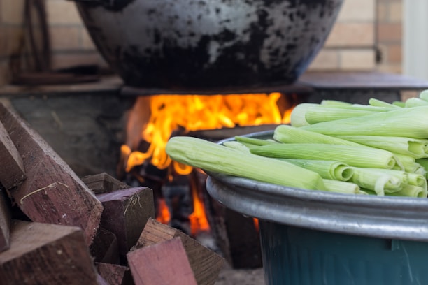 A metal container filled with green corn husks sits on a blue barrel, positioned next to a pile of stacked wooden logs. In the background, a large pot is placed over an open flame, which is burning brightly and providing a warm, rustic ambiance.
