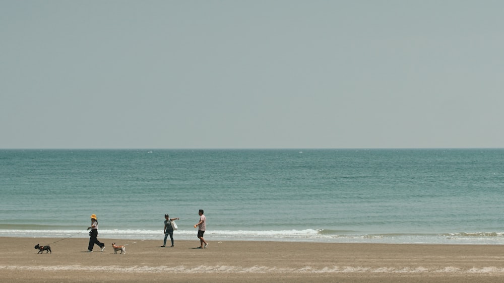 photography of three people standing beside seashore during daytime