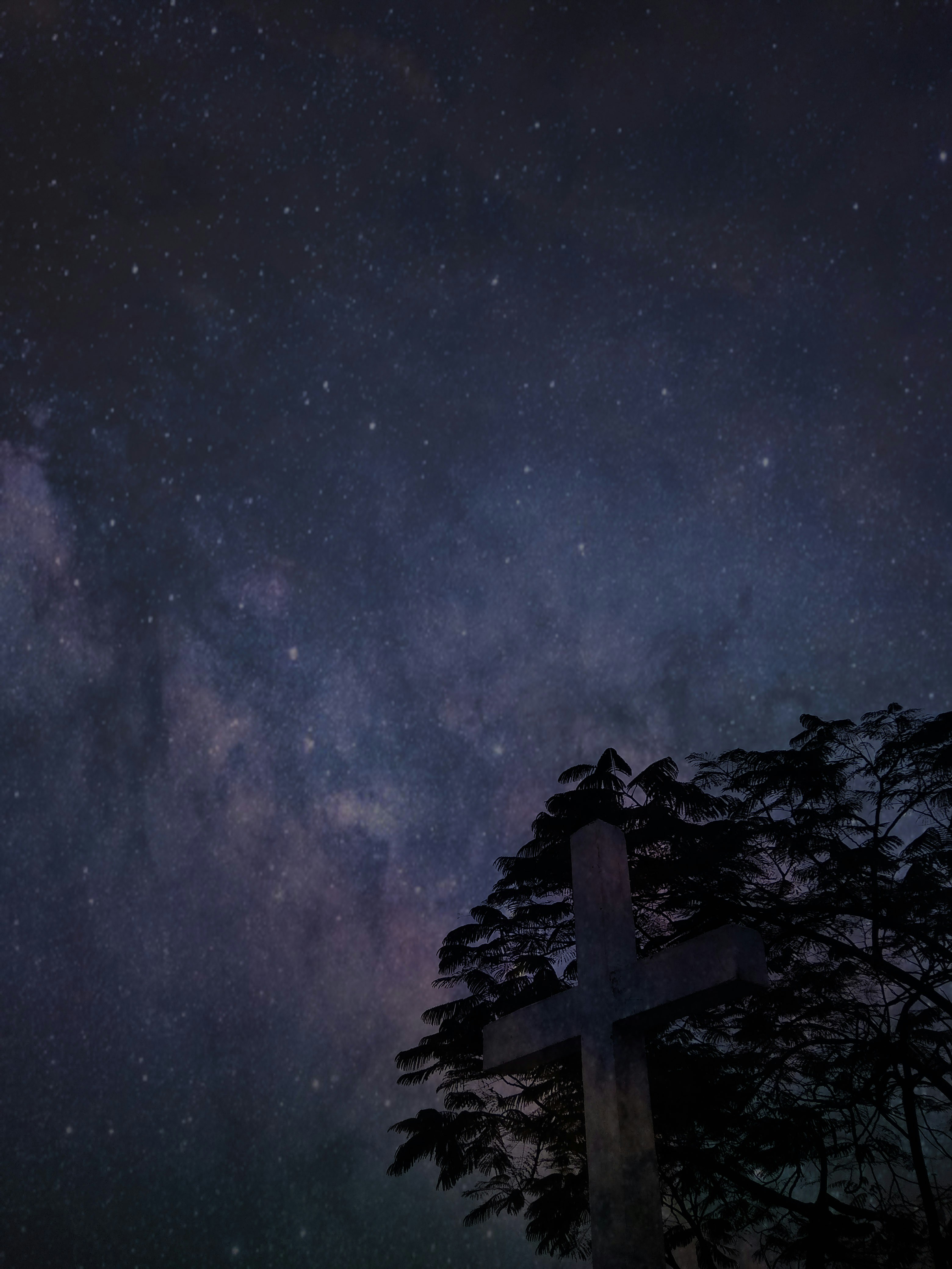 Silhouette Of Cross Near Trees Under Galaxy Photo Free Image On Unsplash