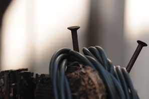 A close-up of two rusted nails protruding from a weathered piece of wood, with a coiled dark cable or rope wrapped around the structure. The background is blurred, providing a soft contrast to the sharp details of the rusted nails and the dark cable.