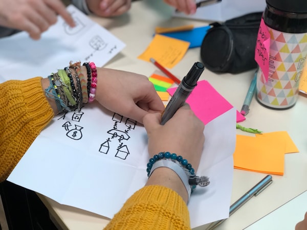 Hands highlighting text, taking notes and making sketches on paper