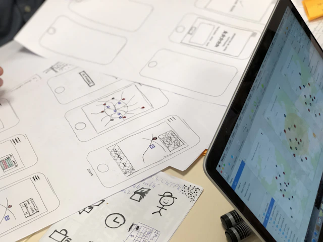 A designer sketching app interfaces on a digital tablet surrounded by colorful notes and coffee.