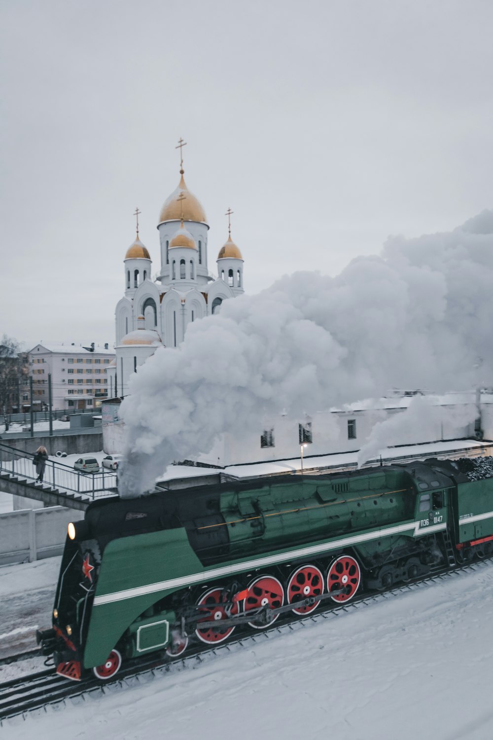 running train near church