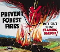 A red devilish figure is shown leaping over a forest fire, holding a flaming matchstick. To the left, bold black text reads 'PREVENT FOREST FIRES' and on the right, 'PUT OUT THAT FLAMING MATCH!' is written in a combination of black and red font. Below the fire, a landscape with rolling hills and trees is depicted, along with a fenced road and a car in the lower left corner.
