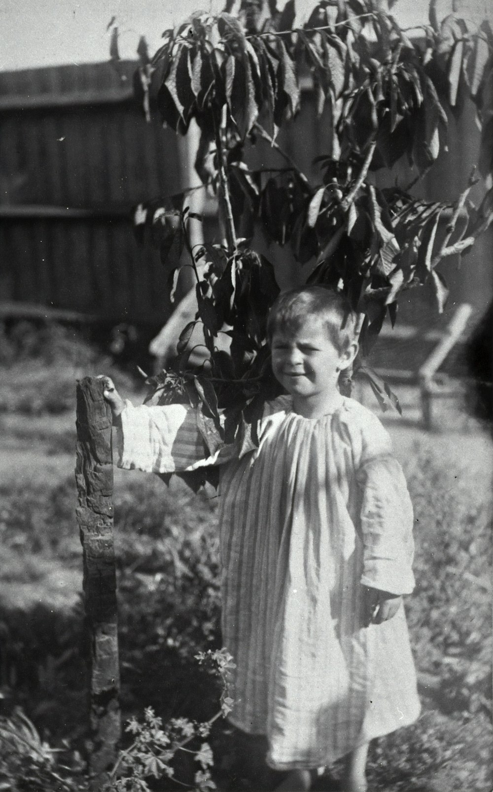 monochrome photo of toddler wearing sleepwear near plant