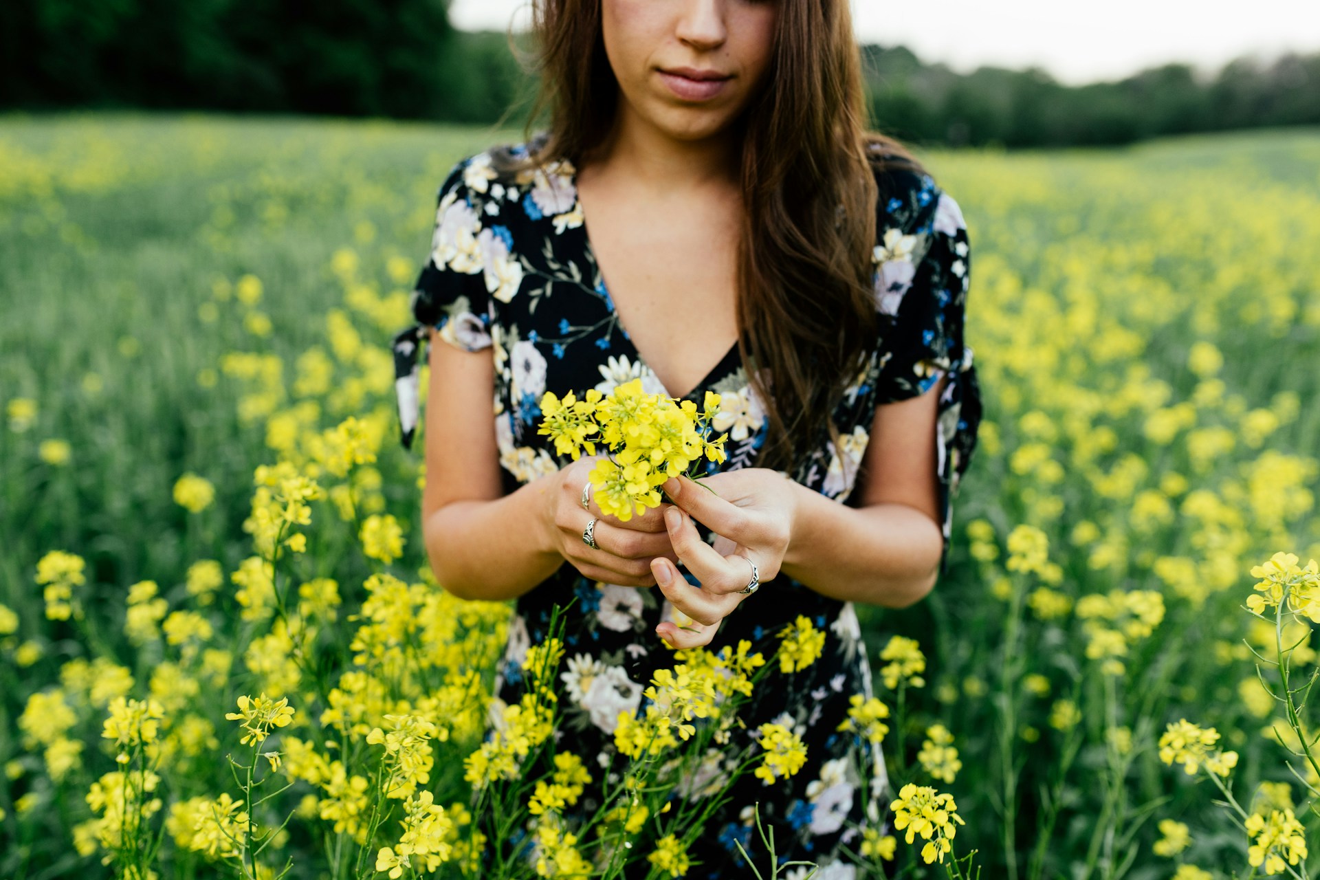 woman in blue, white, and black floral V-neck dress holding yellow flowers